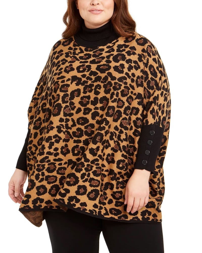 Front of a model wearing a size 0X Anne Klein Women's Plus Size Metallic Leopard-Print Poncho Sweater Brown Size 0X/1X in Brown by Anne Klein. | dia_product_style_image_id:314596